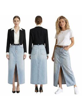 Old Navy Womens Light Wash Denim Midi Skirt With Front Slit Size 8 Drapey Fit Ne